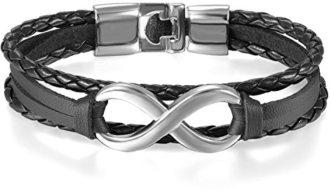 JewelryWe Schmuck Herren Damen Armband, Lieben Infinity Zeichen Geflochten Armreif, Leder Legierung, Silber schwarz