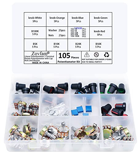 Zovfam Potentiometer Kit B5K 10K 20K 50K 100K Ohm Linear Taper Rotary Audio B Type Potentiometer with 1K 5K 10K 50K 100K Ohm 3296W Multiturn Trimmer Potentiometer and Nuts, Washers, Knobs 105PCS