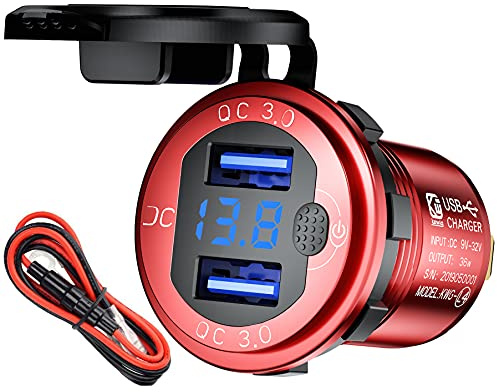 12 V bil USB-uttag billaddare med LED-voltmeter display 12 volt cigarettändare adapter USB installation uttag 36 W QC 3.0 snabbladdning för husbil, motorcykel, husvagn, marin, RTV, fordon, SUV