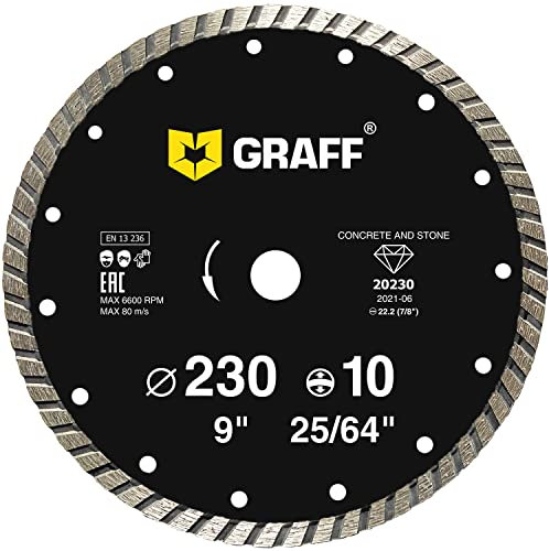 GRAFF Diamantscheibe 230mm für Stein, Beton, Fliesen, Naturstein - Turbo Diamanttrennscheibe für Winkelschleifer und Flex - Segmenthöhe 10mm