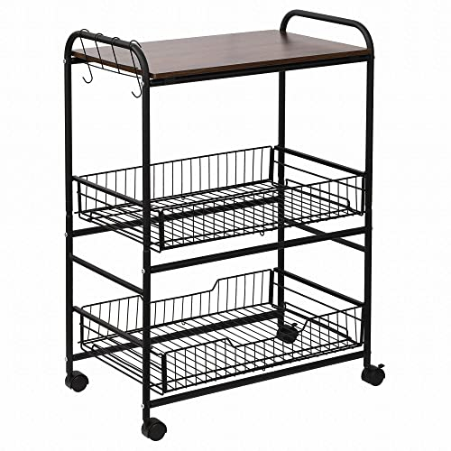 HOMCOM Carrello da Cucina Portavivande Stile Industriale con 4 Ruote, 2 Cestini e 4 Ganci, 60x38x85.5cm, Marrone Nero