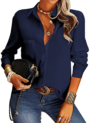 NONSAR Elegante Blusa Informal para Mujer con Cuello en V, Manga Larga y Botones, Estilo Casual y de Vestir, Corte Suelto, Color Liso