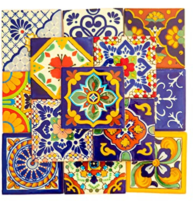 Mexican Talavera Tile Spanish Mediterranean Art Colorful 4x4 Ceramic Hand Painted Mosaic for Bathroom, Wall, Mirror, Kitchen Rustic Decor Pottery (20, Multi 2)