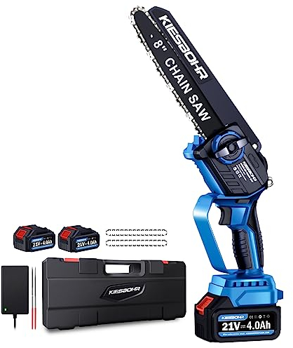 Tronçonneuse Électrique Sans Fil à Batterie, 8 Pouces Tronçonneuse Moteur Brushless, longueur du Guide 25 cm, longueur de coupe 20 cm（21 V, avec 2 batteries 4000 mAh et 1 chargeur)