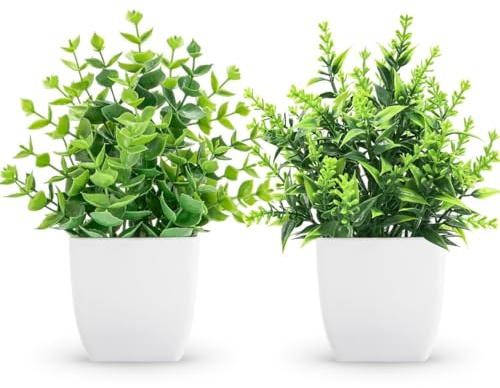 ZJIA 2 Pack Small Fake Plants in White Pots, Bathroom Shelf Decor Indoor