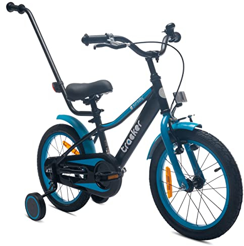 sun baby Jungenfahrrad 16 Zoll Jungen Kinderfahrrad Tracker Bike Leicht Stützräder mit Schubstange ab 2-6 Jahre BMX Fahrrad Kinder (Blau, 16 Zoll)
