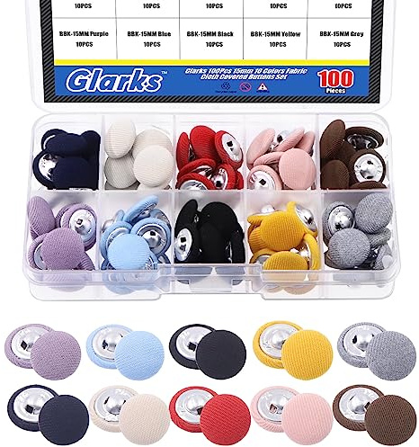 Glarks Juego de 100 botones cubiertos de tela de 10 colores, botones redondos de vástago de metal (15 mm) para ropa, trajes, chaquetas, blusas, vestidos y manualidades