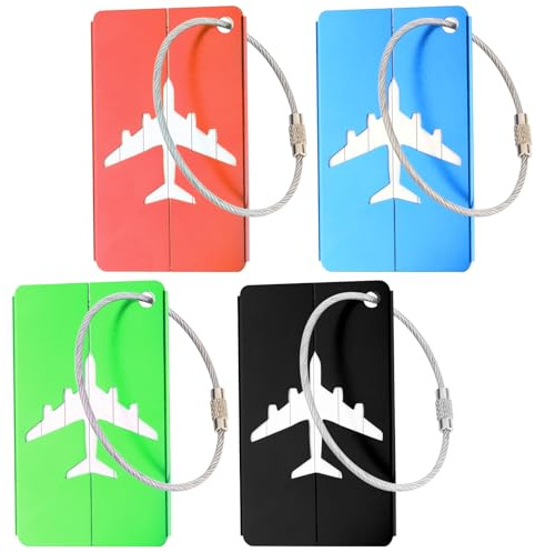 MXTIMWAN 4 Etiquetas de Equipaje de Aluminio con Tarjeta, Etiquetas para Equipaje con Etiqueta de Dirección Etiquetas con Anillos de Acero Bolso ID Tag para Bolsas de Equipaje,Maletas y Mochilas