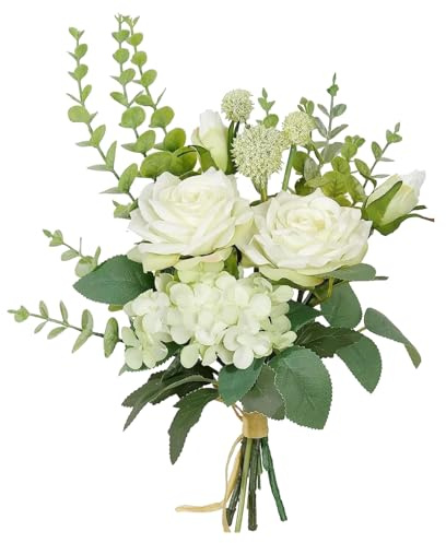BeautifulU Konstgjorda rosor blombukett, realistiska falska silkesblommor växter gör-det-själv-buketter för bord bordsuppsats hem rum kök kontor fest bröllopspresent jul och mer dekor-vit