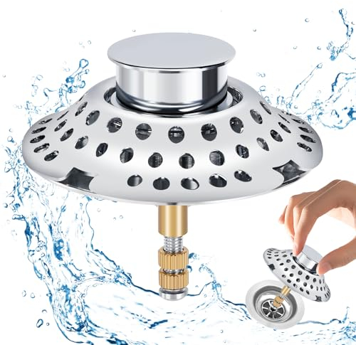Auauraintt Bouchon de Baignoire 2 en 1 avec Filtre à Cheveux, Filtre de vidange, Attrape-Cheveux, Bouchon de Baignoire réglable en Hauteur,vidange en Laiton Surface chromée, Inoxydable