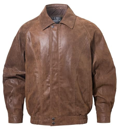 FLAVOR Lässige Herren-Bomberjacke aus Leder, Fliegerjacke, Braun, X-Large
