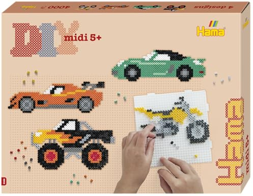 Hama Gift Box - Vehicles | Approx. 4.000 Beads, 2 Large Square pegboards, Fuse Beads Mosaic Decoration, Arts and Crafts for Boys and Girls Ages 5 and Up, Official Hama Bead Set