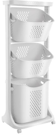 Cesta de lavandería con 3 compartimentos, de plástico, 3 compartimentos, clasificador de ropa, con ruedas, cesta de plástico, 43 x 33 x 109 cm, para cocinas, baños, dormitorios