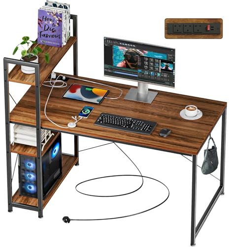 AUNEK Computer Desk with Power Outlet and Storage Shelves, 120x46cm Industrial Desk with 4-Shelves, Vinatage Rustic Desk with Adjustable Bookshelf and Hook, Study Table for Home Office Study Room