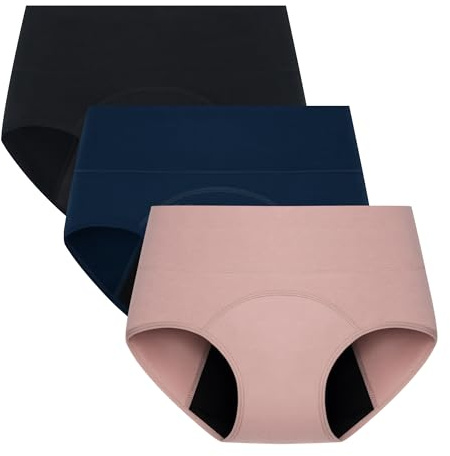 POPKOK Period Underwear for Women High Waisted Postpartum Menstrual Pantie Leakproof Cotton Briefs Plus Size 3 Pack(5XL, Black/Navy/Rosybrown)