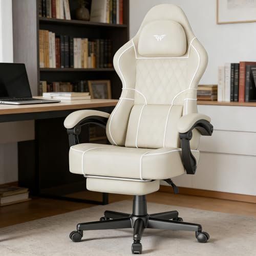 Soontrans Chaise Gaming Ergonomique avec Coussin Lombaire Massage, Chaise Gamer，Fauteuil Gaming avec Repose Pieds télescopique&Appui tête&Dossier Inclinable à 160°, Simili Cuir, 136 kg（Beige）