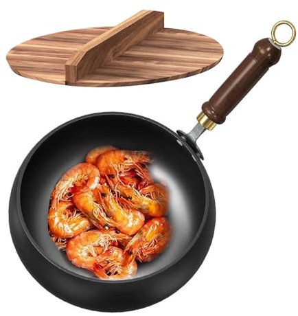 Iron Pan, Japanese Non Stick Iron Pan with Anti-Scalding Handle, Hand-Forged Woks with Lid Non Stick, 24cm Diameter Cookware for Stoves Induction Cookers