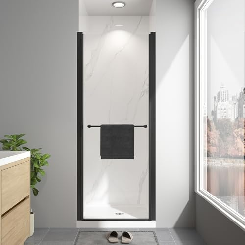 EASYWORC Frameless Pivot Shower Door 26-28 W x 72 H, Swing Shower Glass Doors with Nano Explosion-Proof Film Tempered Glass 1/4(6mm) Reversible Installtion, Matte Black Finish