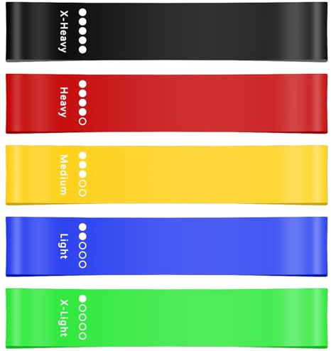Qcdou Bandas Elásticas Fitness, 5 Gomas Elasticas Fitness, Bandas Resistencia con Instrucciones de Ejercicio y Bolsa de Transporte, Cinta Ejercicios Elastica para Musculación, Pilates y Yoga