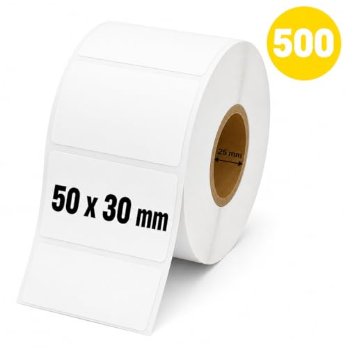 Etiquetas térmicas 50×30 mm – Rollo 500 piezas – Papel adhesivo blanco para impresoras térmicas – Etiquetas de códigos de barras, logística, inventario, envío paquetes