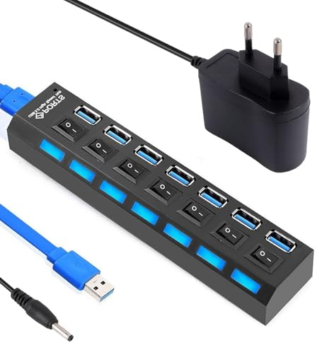 USB-hubb med 7 portar med strömbrytare och LED-datahubb med lång multiportkabel för bärbar dator, PC, MacBook och andra USB-enheter
