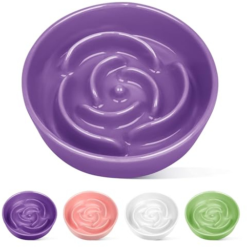 TRUVIC Ceramic Slow Feeder Dog Bowls, 1.5 Cup Puzzle Slow Feeder Bowls for Fast Eaters, Ceramic Dog Food Dish no Black Chin, Puzzle Bowl for Medium Dogs, Purple
