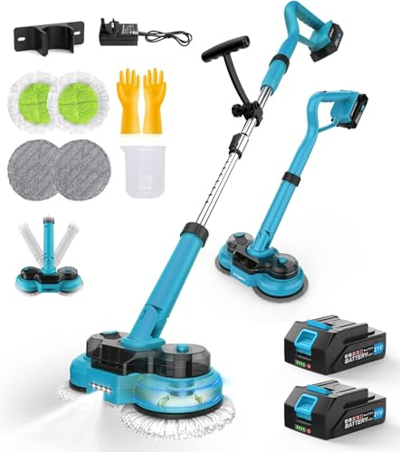 Mocio Elettrico Cordless con 2 batterie da 2000mAh, Lavapavimenti senza fili con LED, 300 ML Serbatoio, lavapavimenti Mocio Lavapavimenti per Pavimenti in Legno Duro, Piastrelle e Laminato