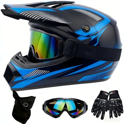 DriveNova Casco Integrale MTB per Bambini, Casco Integrale MTB Downhill e Motocross per Bambini con Guanti, Maschera e Occhiali, Caschi da Moto per Ragazzi con Fodere Del Casco (Blu, S-M)
