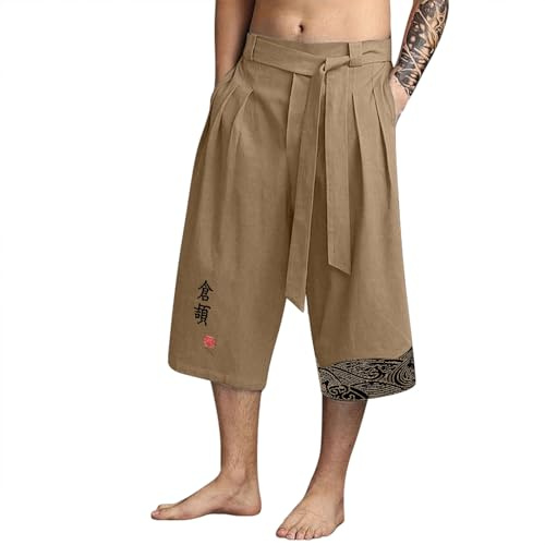 Pantalon Homme Long et Court en Lin Style Japonais Traditionnel Pantalon Large Sarouel Hakama Harajuku Streetwear Taille