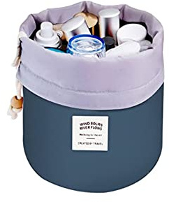 Women Travel Make Up Bag,Pouches Cosmetic Bags Girls Barrel Shaped Hanging Toiletry Wash Bags Nylon Drawstring Makeup Organizer Storage Bag + Small Zipper Pocket+PVC Transparent Brush Bag (Blue)