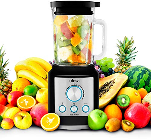 Ufesa BS4950B Batidora de Vaso, 1800W, Jarra de Cristal de 1.8L, Control Electrónico LED de Velocidad, 3 Funciones, Turbo, Hielo, Smoothies, 6 Cuchillas de Titanio, Libre de BPA, Inox Negro