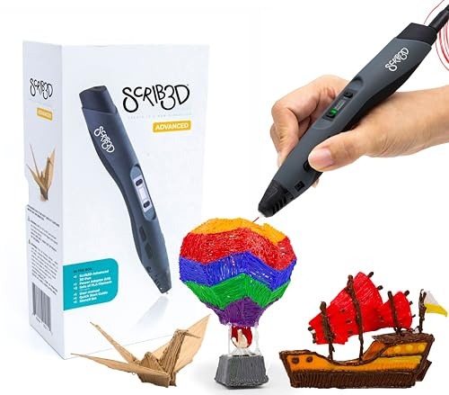 SCRIB3D Advanced 3D Printing Pen with Display - Includes Advanced 3D Printing Pen, 3 Starter Colors of PLA Filament Stencil Book + Project Guide, and Charger