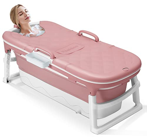 Dripex Portable Bathtub Adult, Folding Bathtub 138X62X52cm Large Thicken Free Standing Soaking Barrel, Foldable Massage Sweat Steam Bath Tub with Lid, Bathroom Warm Spa Sauna for Adults Children, Pink