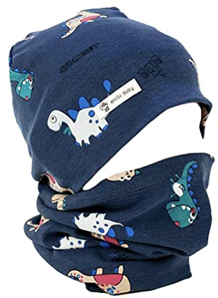 Uniyoung Baby Boys Girls Cotton Beanie Hat and Collar Scarf Set Kids Toddler Warm Skull Cap Scarves Neck Warmer for Spring Autumn Winter (Navy Dinosaurs, 6-24 Months)