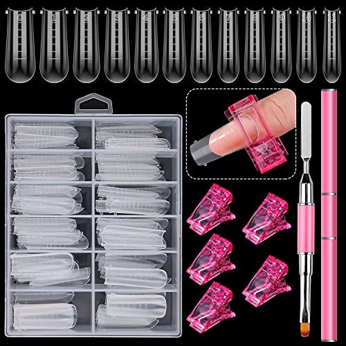 EBANKU Dual Nail Forms Set, 120 Stück Klare Falsche Nägel Tipps Sargnagelform, Nagelverlängerung Kit für gelnägel Acryl Nägel mit 1 Stück Dual-Ended Acryl Malpinsel und 5 Stück Nagelspitzen Clip