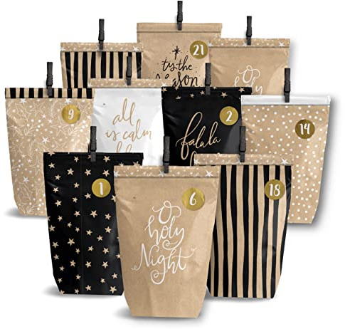 Papierdrachen Adventskalender 2026 zum Befüllen - Motiv Holy Night - 24 braune bedruckte Geschenktüten mit Zahlenaufklebern & Klammern - Weihnachten