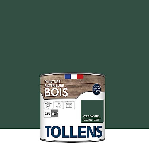Tollens - Peinture extérieure bois 2 en 1 - Ultra Résistante - Finition Satin - Laque Riche en Résine - Pour Toute Boiserie Extérieure - Sans Sous-Couche - Vert Basque - 0,5L = 8m2