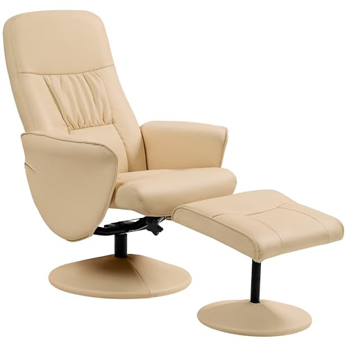 HOMCOM Sillón Relax con Reposapiés Sillón Relajante Giratorio 360° y Respaldo reclinable para TV con soporte de hasta 120Kg Revestimiento sintético de metal, color beige