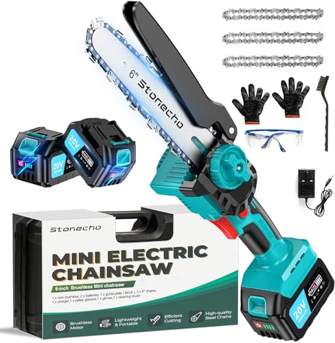 Stonecho Mini Chainsaw 6 Inch, 2x4000mAh Battery Chainsaw, Brushless Motor Mini Chainsaw Cordless, 36.5FT/S Chain Speed Portable Handheld Electric Mini Chainsaw for Garden Tree Branch Cutting 3 Chains