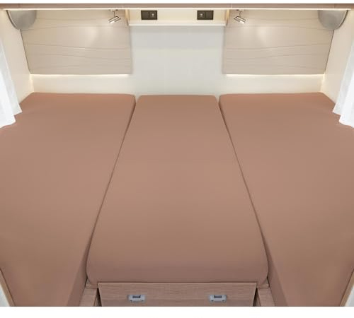 G BETTWARENSHOP – Spannbettlaken für Wohnmobile & Wohnwagen – Spannbetttuch Set 3-teilig für 2 Längsbetten + Mittelteil – Jersey Bettlaken für Heckbetten 2 Längsbetten + Mittelteil, Cappuccino