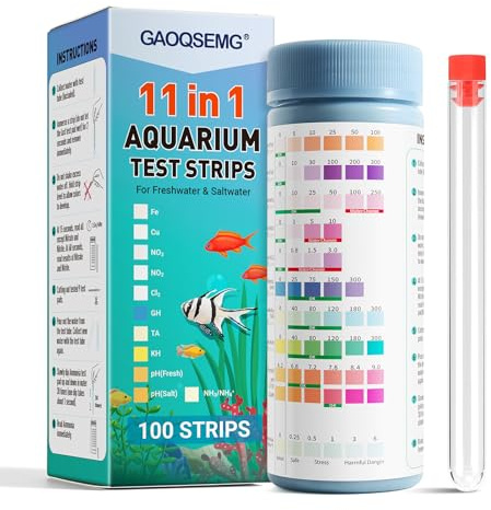 GAOQSEMG Aquarium Water Test Kit 11 in 1,100 Counts Ammonia Aquarium Test Kits Fish Tank Test Strips Freshwater & Saltwater pH Testing Strips for Ammonia, pH,Hardness,Nitrite,Nitrate,Chlorine