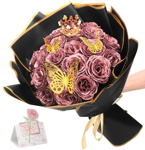 CIOXSOIO Set di 24 Bouquet di Rose Artificiali con Glitter, Fai Da Te Artificial Rose Bouquet, Bouquet di Rose Artificiali con Corona per San Valentino, Matrimonio, Fidanzamento, Compleanno