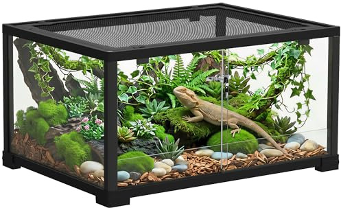 PawHut Terrarium en Verre pour Reptiles 86 L, Ventilation supérieure, Porte coulissante avec Serrure Anti-Fuite, enclos pour lézards, Insectes, Serpents, araignées et Geckos, 60x45x32cm, Noir