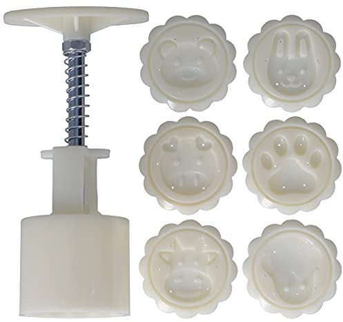 Mooncake Mold Hand Press Baking Tool Food Grade ABS Material BPA Free Adjustable Height with 6 Round Stamps for Making Dessert Biscuits Bath Bombs Soap