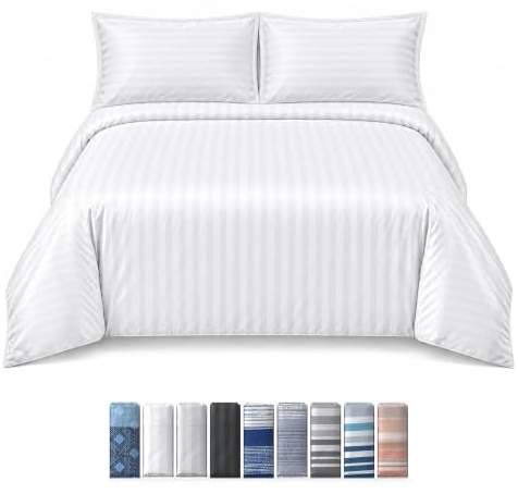 M&J Home - Double Duvet Cover Set with 2 Pillowcases - White Satin Stripe - 3 Piece Hotel Quality Bedding Set, Embossed Microfibre Quilt Cover, OEKO-TEX Certified, Easy Care