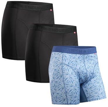 DANISH ENDURANCE Mens Boxers, Anti Chafing, Long Leg or Regular, Sports Underwear Men, Running Boxers, 3 Pack, Multicolor: 2 x Black, 1 x Blue Mosaic, Large