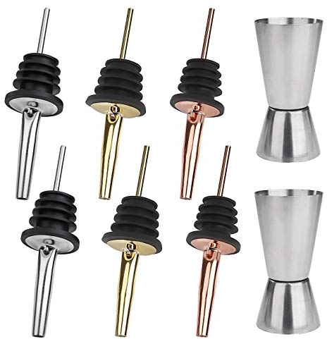 ISIYINER Vertedor de Botellas 6 Piezas con Vaso Medidor para Cócteles 2 Piezas Acero Inoxidable para Licores Cócteles Bebidas Vinos Aceite