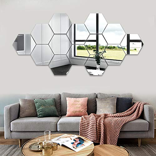 14 Large Hexagon Acrylic Plastic Wall Stickers - Art Decoration Wall Mirror Tiles for DIY Setting - Home, Office, Bedroom, Gym Decor