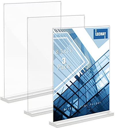 Lechay 3 Pack Acrylic Sign Holder, 8.5 x 11 inches Clear Table Menu Display Stand Desktop Display Stand Paper Holder Table Top Sign Holder Suitable for Restaurants, Office, Home, Store