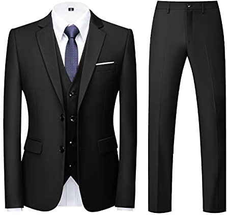KUDORO Herren Anzüge 3-teilig Slim Fit Einreihig Zwei Knöpfe für Hochzeit Business Anzug Herren Formell Sakko Weste Hose(Schwarz,M)